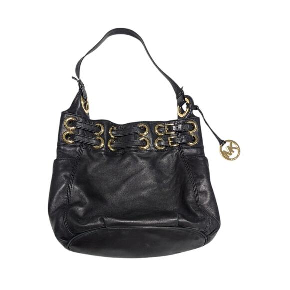 Y2K Michael Kors Black Leather Grommet Hobo Bag Shoulder Purse Tote Quiet Luxury - Picture 1 of 7